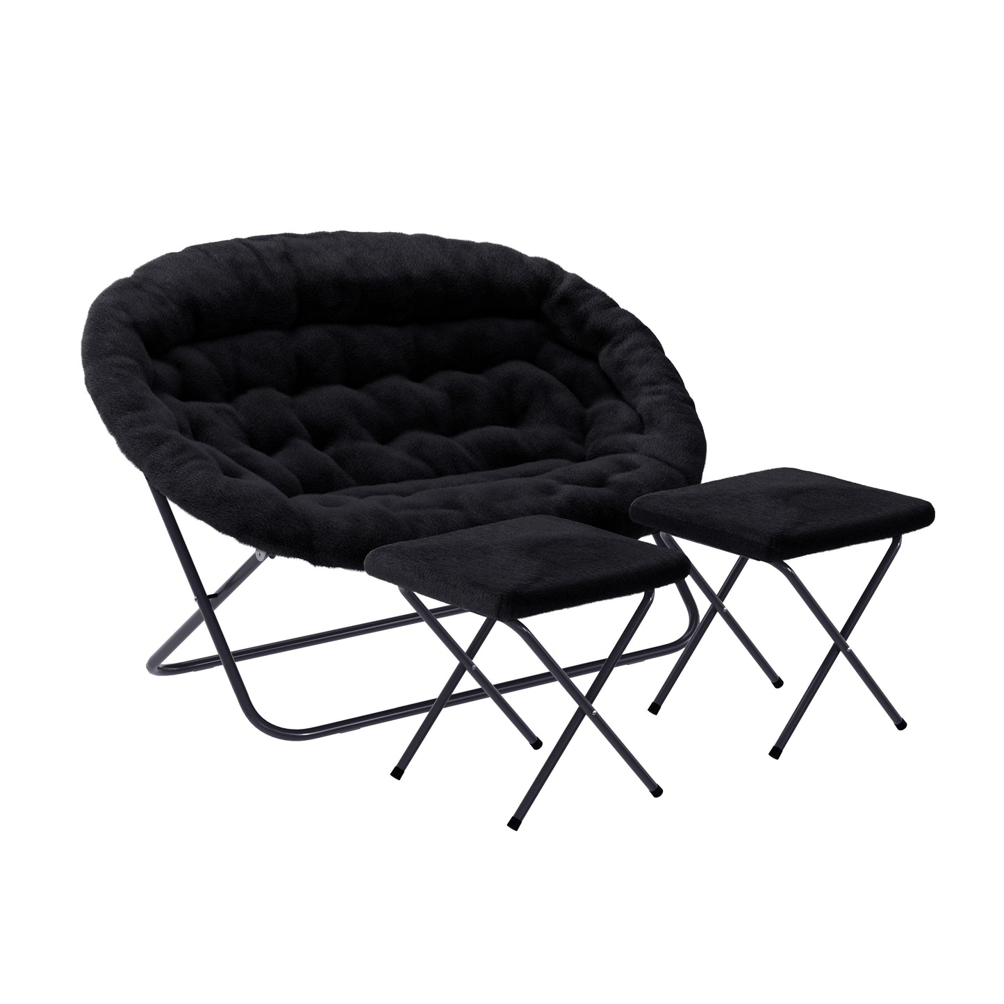 Eleanor 56" Portable Folding Double Saucer Chair with 2 Folding Ottomans Black Faux Fur with a Black Steel Frame for Dorm or Bedroom