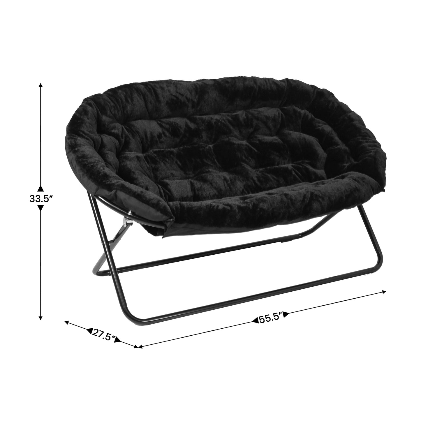 Eleanor 56" Portable Folding Double Saucer Chair with 2 Folding Ottomans Black Faux Fur with a Black Steel Frame for Dorm or Bedroom
