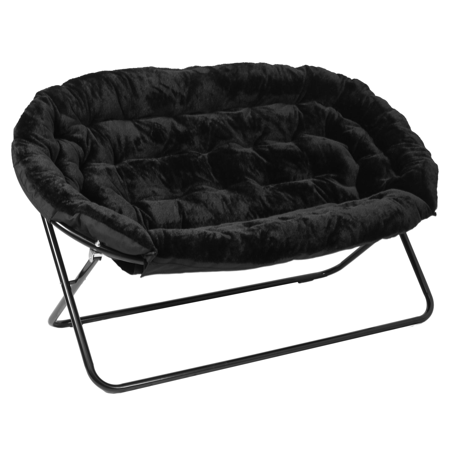 Eleanor 56" Portable Folding Double Saucer Chair with 2 Folding Ottomans Black Faux Fur with a Black Steel Frame for Dorm or Bedroom