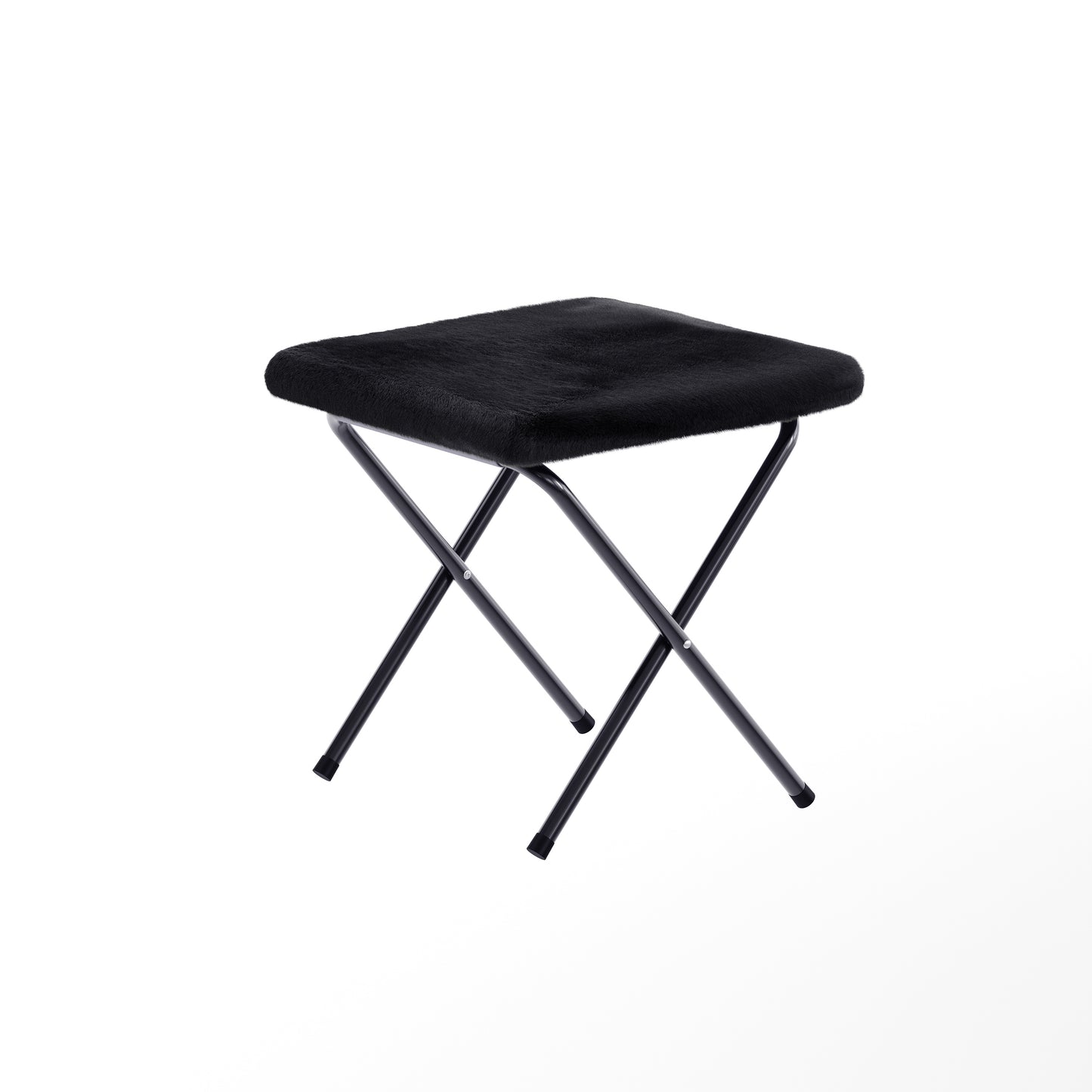 Eleanor 56" Portable Folding Double Saucer Chair with 2 Folding Ottomans Black Faux Fur with a Black Steel Frame for Dorm or Bedroom