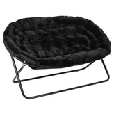 Eleanor 56" Portable Folding Double Saucer Chair with 2 Folding Ottomans Black Faux Fur with a Black Steel Frame for Dorm or Bedroom