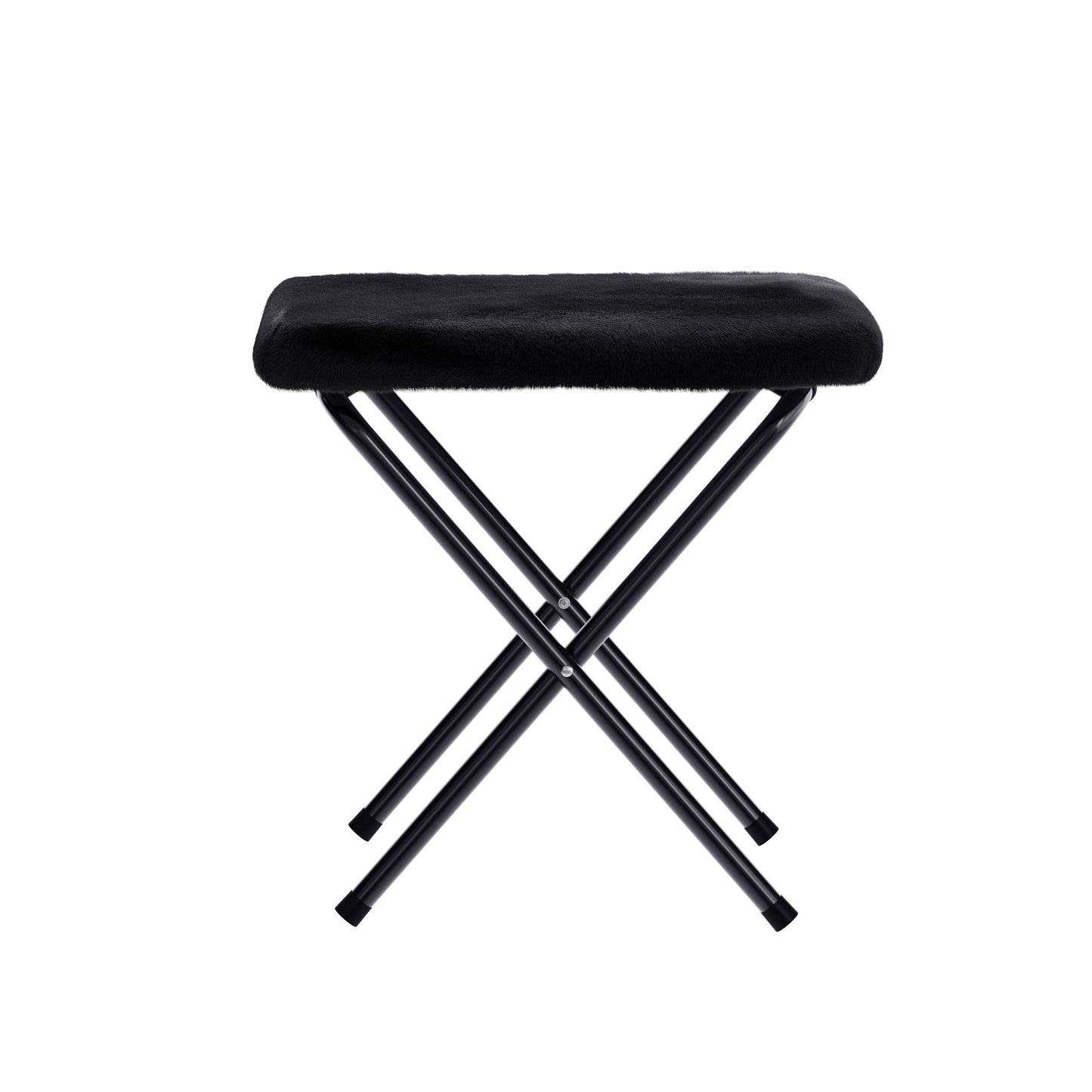 Eleanor 56" Portable Folding Double Saucer Chair with 2 Folding Ottomans Black Faux Fur with a Black Steel Frame for Dorm or Bedroom