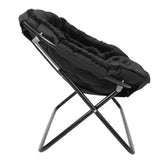 Eleanor 56" Portable Folding Double Saucer Chair with 2 Folding Ottomans Black Faux Fur with a Black Steel Frame for Dorm or Bedroom