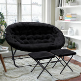 Eleanor 56" Portable Folding Double Saucer Chair with 2 Folding Ottomans Black Faux Fur with a Black Steel Frame for Dorm or Bedroom