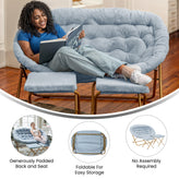 Eleanor 56" Portable Folding Double Saucer Chair with 2 Folding Ottomans in Dusty Aqua Faux Fur with a Soft Gold Steel Frame for Dorm or Bedroom