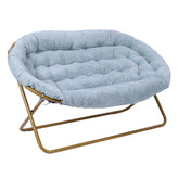 Eleanor 56" Portable Folding Double Saucer Chair with 2 Folding Ottomans in Dusty Aqua Faux Fur with a Soft Gold Steel Frame for Dorm or Bedroom