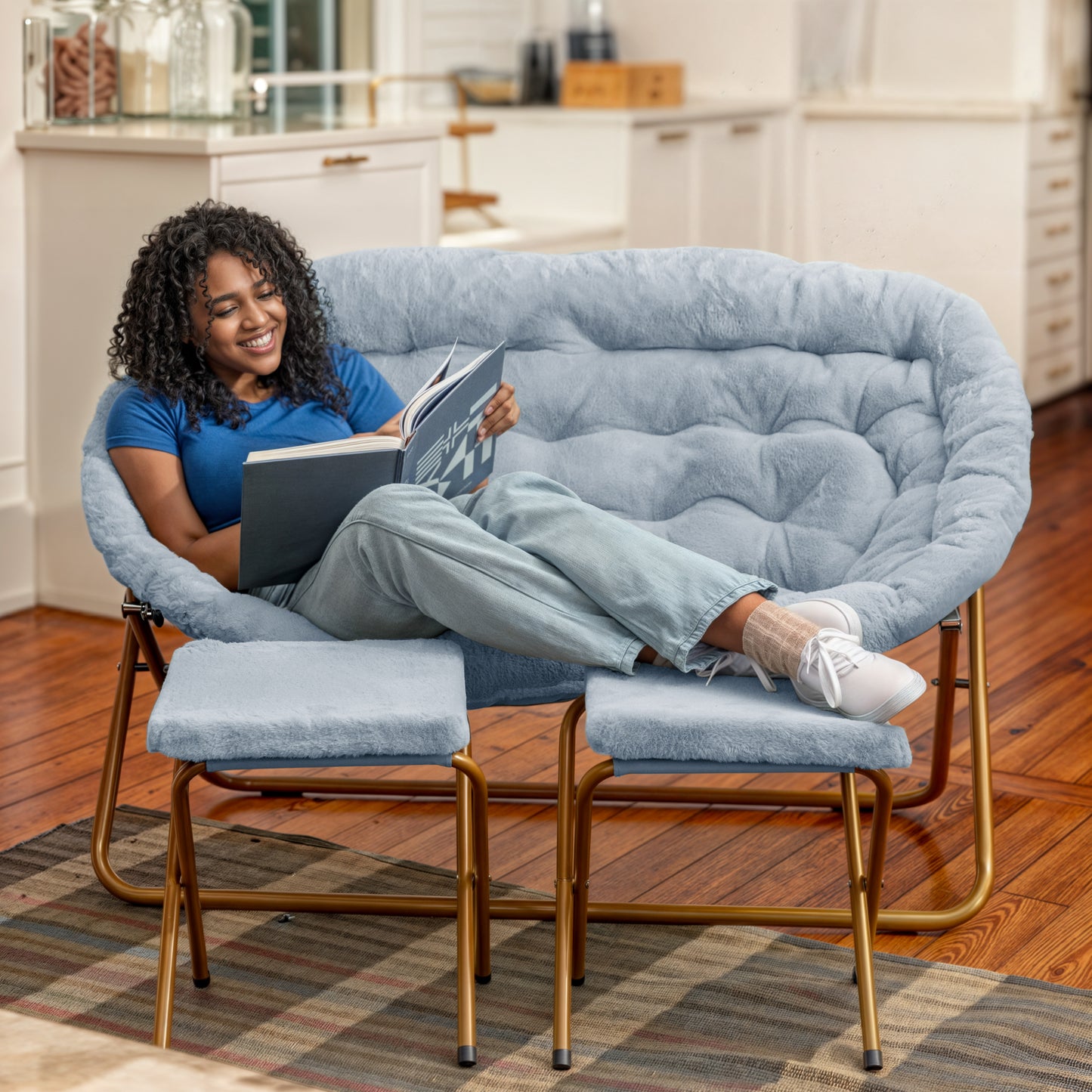 Eleanor 56" Portable Folding Double Saucer Chair with 2 Folding Ottomans in Dusty Aqua Faux Fur with a Soft Gold Steel Frame for Dorm or Bedroom
