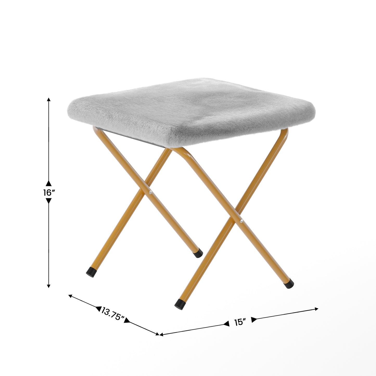 Eleanor 56" Portable Folding Double Saucer Chair with 2 Folding Ottomans Gray Faux Fur with a Soft Gold Steel Frame for Dorm or Bedroom