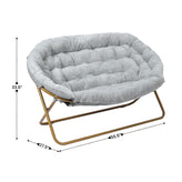 Eleanor 56" Portable Folding Double Saucer Chair with 2 Folding Ottomans Gray Faux Fur with a Soft Gold Steel Frame for Dorm or Bedroom