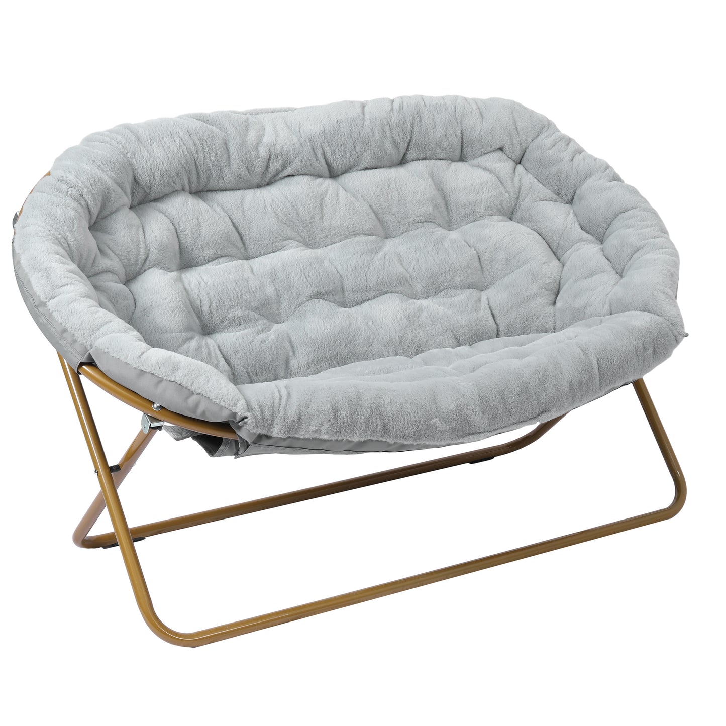 Eleanor 56" Portable Folding Double Saucer Chair with 2 Folding Ottomans Gray Faux Fur with a Soft Gold Steel Frame for Dorm or Bedroom