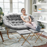 Eleanor 56" Portable Folding Double Saucer Chair with 2 Folding Ottomans Gray Faux Fur with a Soft Gold Steel Frame for Dorm or Bedroom