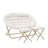 Eleanor 56" Portable Folding Double Saucer Chair with 2 Folding Ottomans Ivory Faux Shearling with a Soft Gold Steel Frame for Dorm or Bedroom