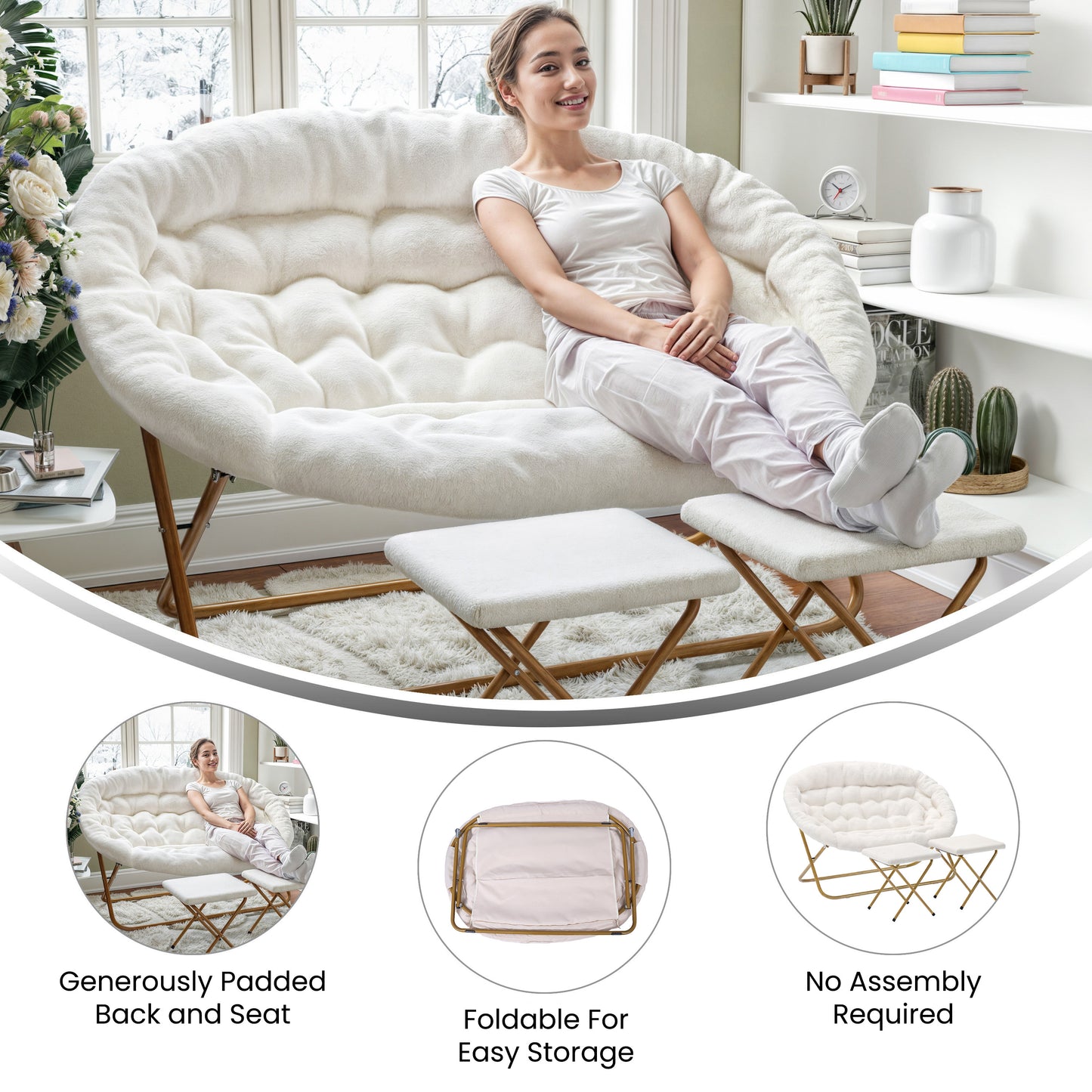 Eleanor 56" Portable Folding Double Saucer Chair with 2 Folding Ottomans Ivory Faux Shearling with a Soft Gold Steel Frame for Dorm or Bedroom