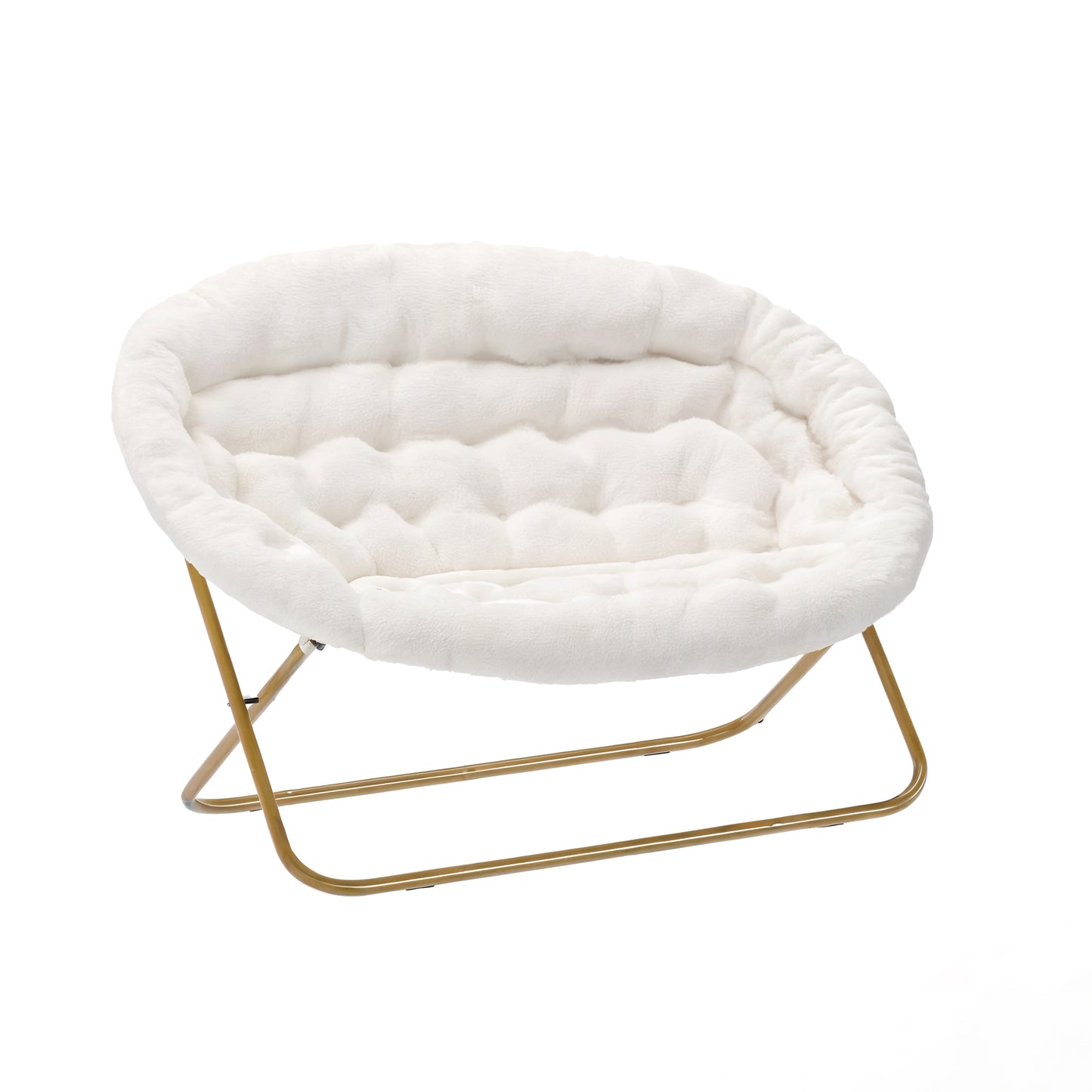 Eleanor 56" Portable Folding Double Saucer Chair with 2 Folding Ottomans Ivory Faux Shearling with a Soft Gold Steel Frame for Dorm or Bedroom
