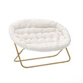 Eleanor 56" Portable Folding Double Saucer Chair with 2 Folding Ottomans Ivory Faux Shearling with a Soft Gold Steel Frame for Dorm or Bedroom