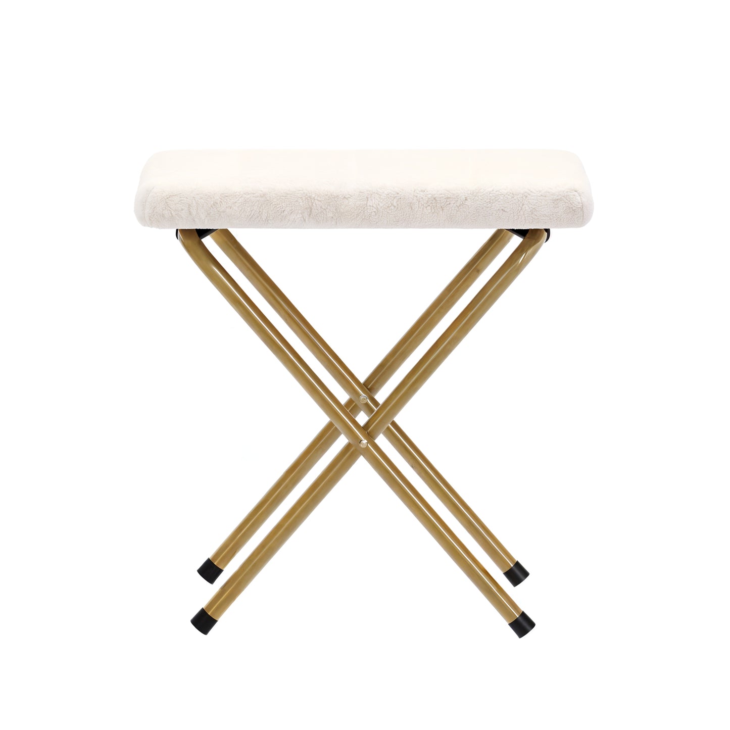 Eleanor 56" Portable Folding Double Saucer Chair with 2 Folding Ottomans Ivory Faux Shearling with a Soft Gold Steel Frame for Dorm or Bedroom