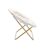 Eleanor 56" Portable Folding Double Saucer Chair with 2 Folding Ottomans Ivory Faux Shearling with a Soft Gold Steel Frame for Dorm or Bedroom