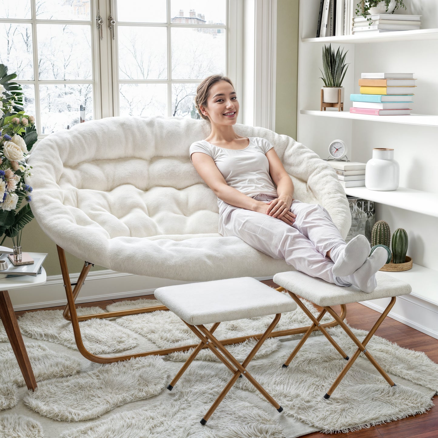 Eleanor 56" Portable Folding Double Saucer Chair with 2 Folding Ottomans Ivory Faux Shearling with a Soft Gold Steel Frame for Dorm or Bedroom