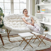 Eleanor 56" Portable Folding Double Saucer Chair with 2 Folding Ottomans Ivory Faux Shearling with a Soft Gold Steel Frame for Dorm or Bedroom
