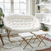 Eleanor 56" Portable Folding Double Saucer Chair with 2 Folding Ottomans Ivory Faux Shearling with a Soft Gold Steel Frame for Dorm or Bedroom