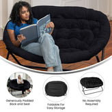 Eleanor 56" Portable Folding Double Saucer Chair in Black Faux Fur with a Black Steel Frame for Dorm, Living Room, or Bedroom