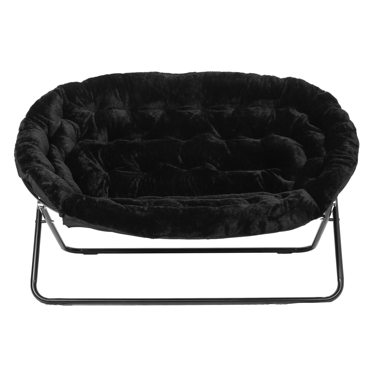Eleanor 56" Portable Folding Double Saucer Chair in Black Faux Fur with a Black Steel Frame for Dorm, Living Room, or Bedroom