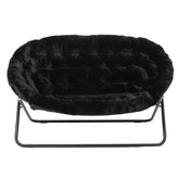 Eleanor 56" Portable Folding Double Saucer Chair in Black Faux Fur with a Black Steel Frame for Dorm, Living Room, or Bedroom