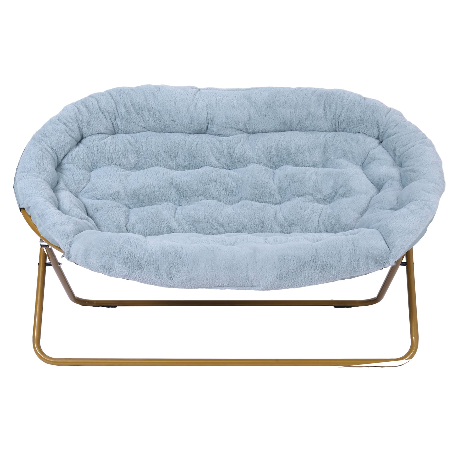 Eleanor 56" Portable Folding Double Saucer Chair in Dusty Aqua Faux Fur with a Soft Gold Steel Frame for Dorm, Living Room, or Bedroom