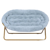 Eleanor 56" Portable Folding Double Saucer Chair in Dusty Aqua Faux Fur with a Soft Gold Steel Frame for Dorm, Living Room, or Bedroom