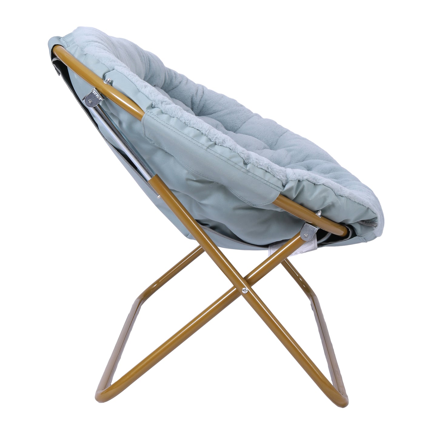 Eleanor 56" Portable Folding Double Saucer Chair in Dusty Aqua Faux Fur with a Soft Gold Steel Frame for Dorm, Living Room, or Bedroom