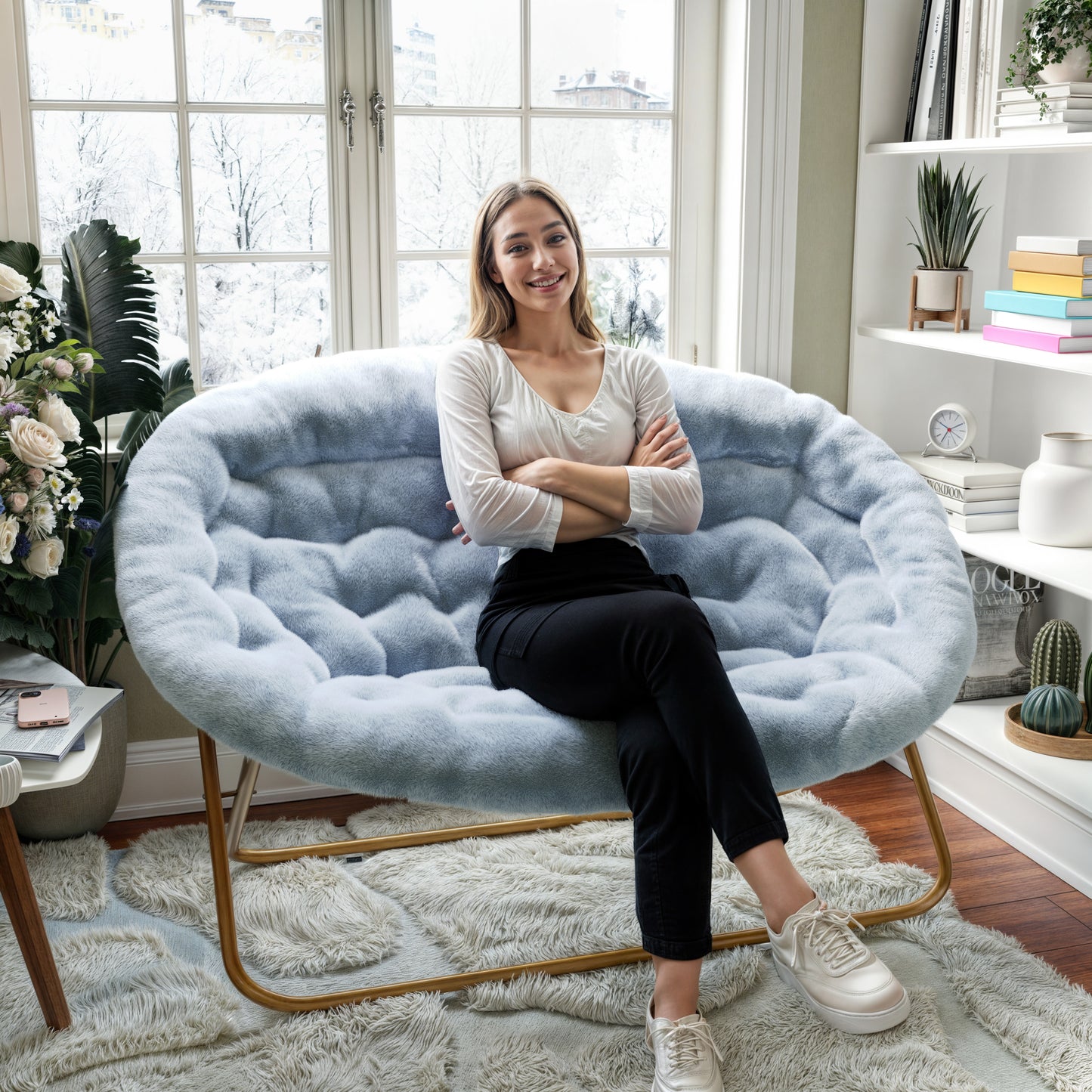 Eleanor 56" Portable Folding Double Saucer Chair in Dusty Aqua Faux Fur with a Soft Gold Steel Frame for Dorm, Living Room, or Bedroom