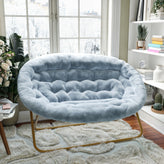 Eleanor 56" Portable Folding Double Saucer Chair in Dusty Aqua Faux Fur with a Soft Gold Steel Frame for Dorm, Living Room, or Bedroom
