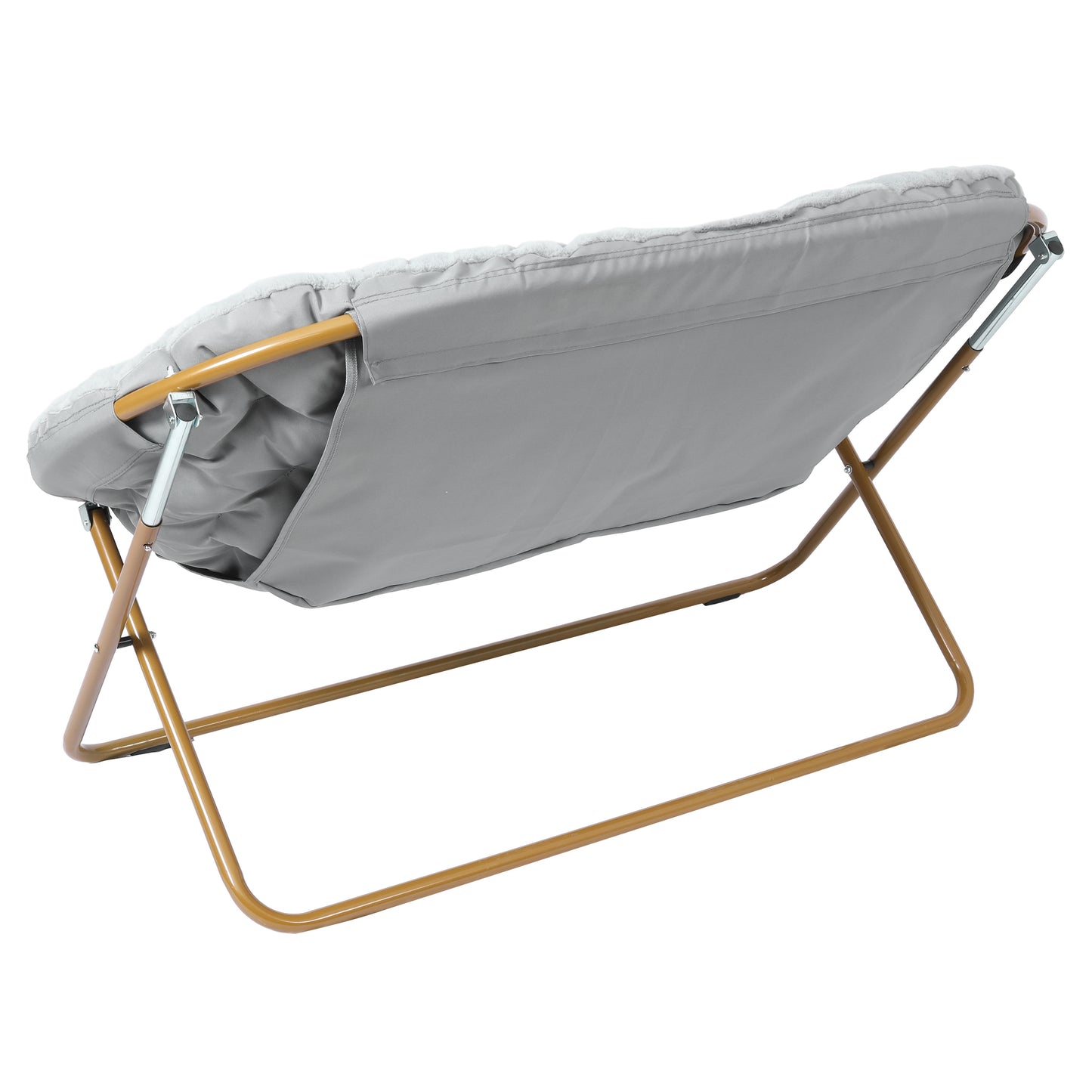 Eleanor 56" Portable Folding Double Saucer Chair in Gray Faux Fur with a Soft Gold Steel Frame for Dorm, Living Room, or Bedroom