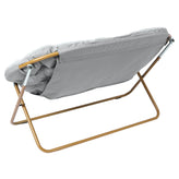Eleanor 56" Portable Folding Double Saucer Chair in Gray Faux Fur with a Soft Gold Steel Frame for Dorm, Living Room, or Bedroom