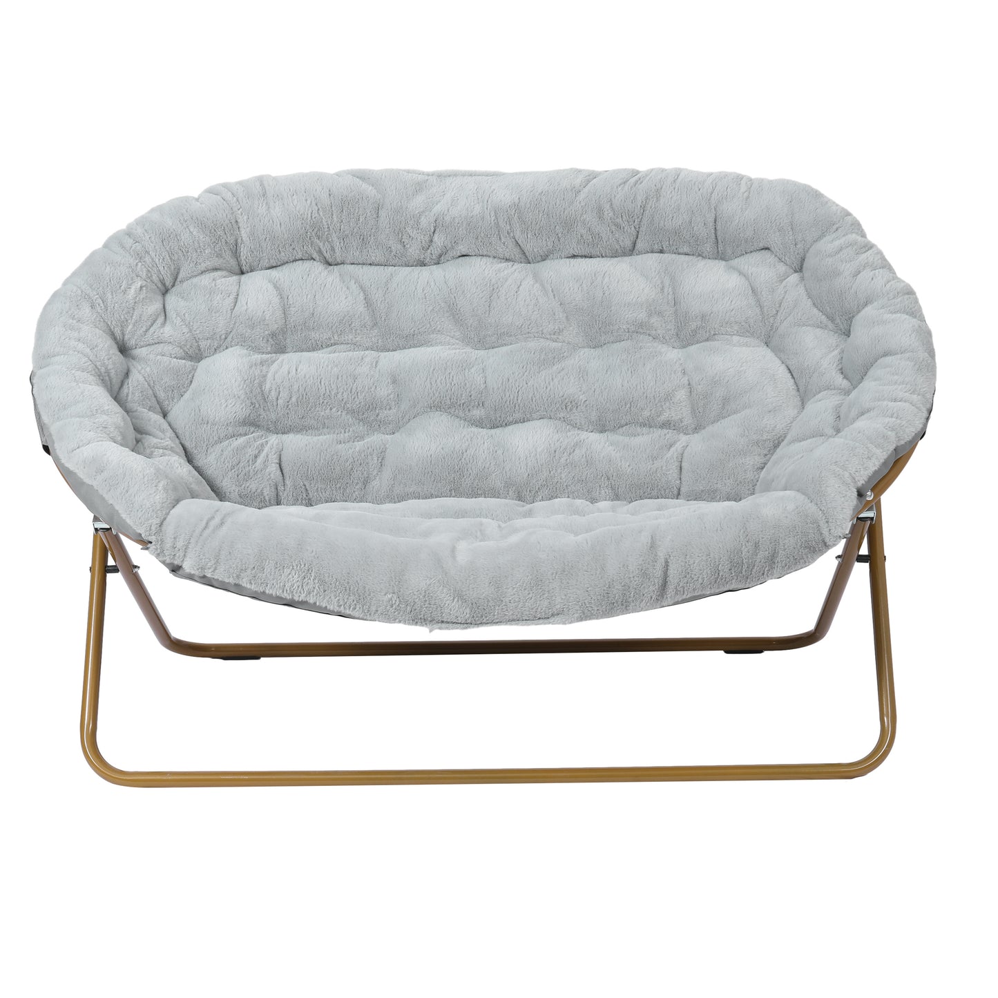 Eleanor 56" Portable Folding Double Saucer Chair in Gray Faux Fur with a Soft Gold Steel Frame for Dorm, Living Room, or Bedroom