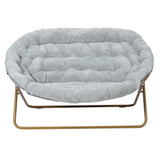 Eleanor 56" Portable Folding Double Saucer Chair in Gray Faux Fur with a Soft Gold Steel Frame for Dorm, Living Room, or Bedroom
