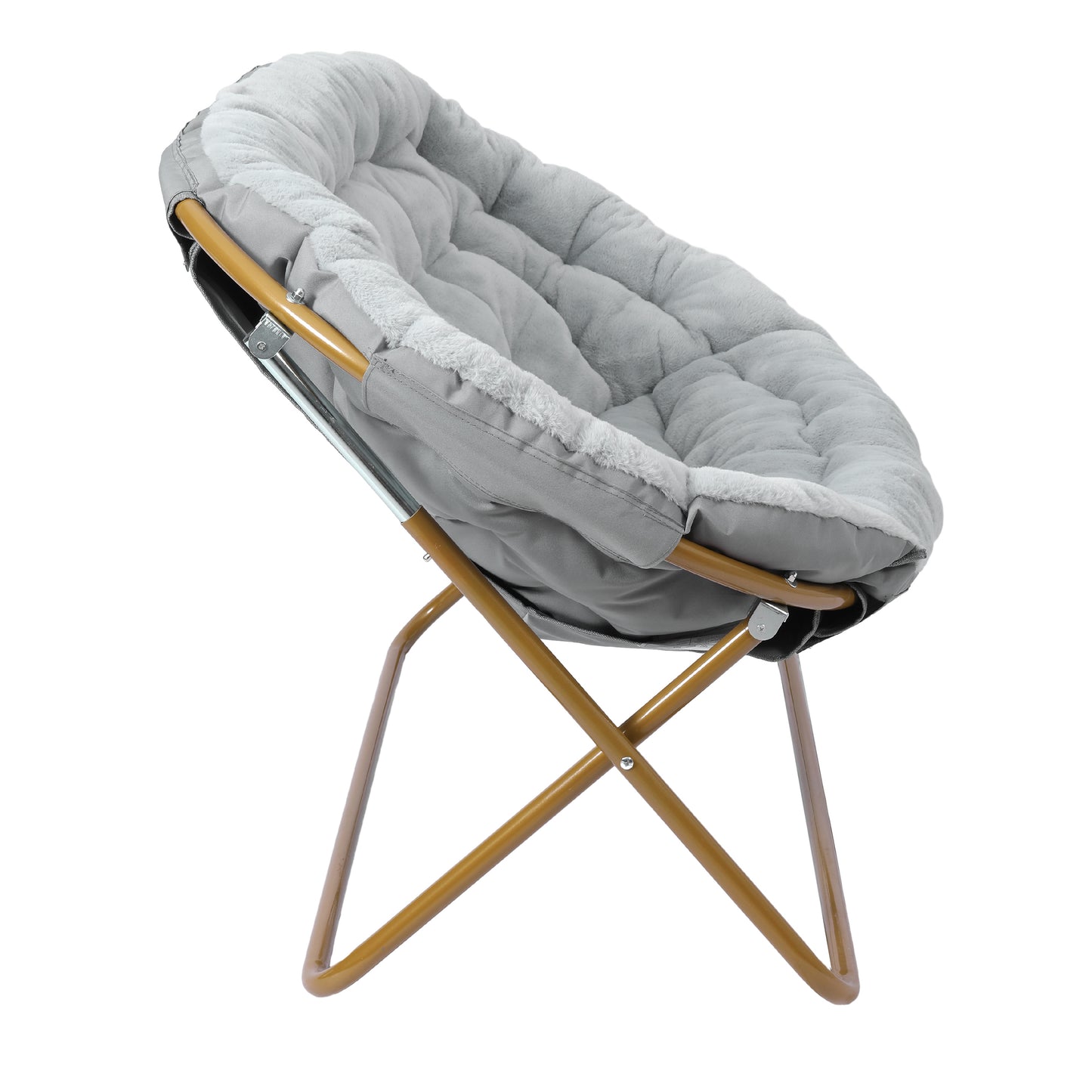 Eleanor 56" Portable Folding Double Saucer Chair in Gray Faux Fur with a Soft Gold Steel Frame for Dorm, Living Room, or Bedroom