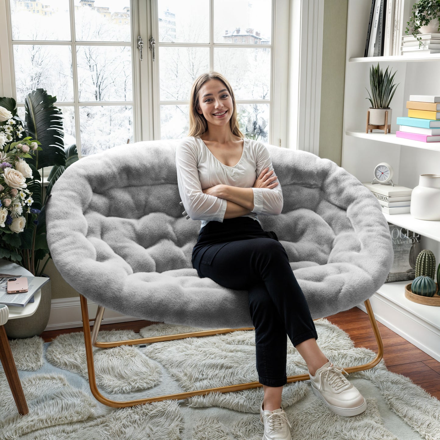 Eleanor 56" Portable Folding Double Saucer Chair in Gray Faux Fur with a Soft Gold Steel Frame for Dorm, Living Room, or Bedroom