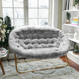 Eleanor 56" Portable Folding Double Saucer Chair in Gray Faux Fur with a Soft Gold Steel Frame for Dorm, Living Room, or Bedroom