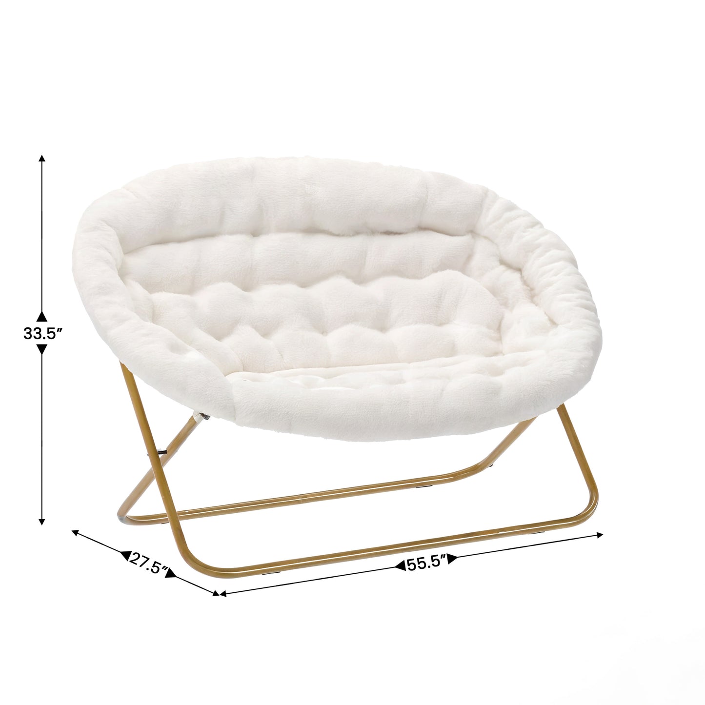 Eleanor 56" Portable Folding Double Saucer Chair in Ivory Faux Shearling with a Soft Gold Steel Frame for Dorm, Living Room, or Bedroom