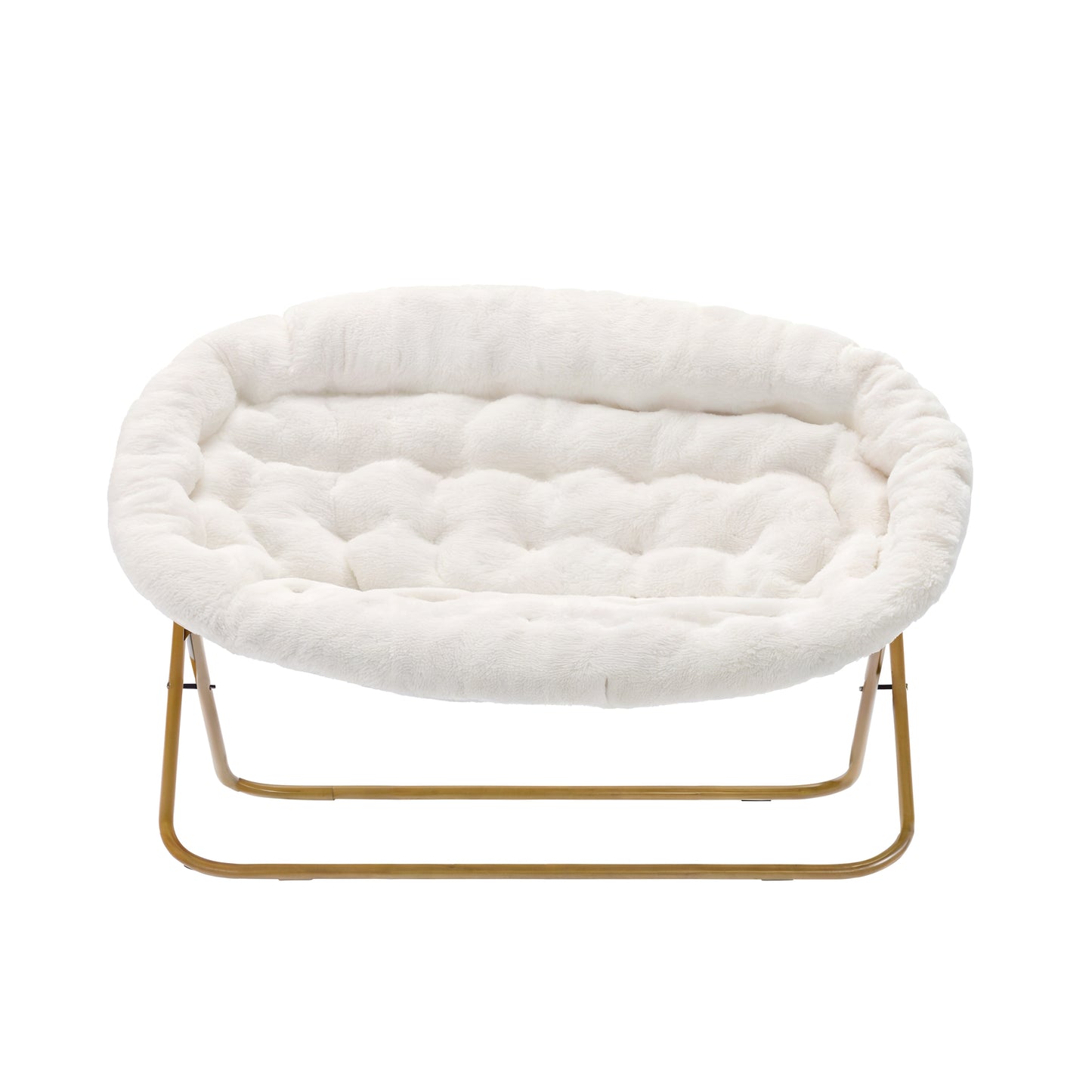 Eleanor 56" Portable Folding Double Saucer Chair in Ivory Faux Shearling with a Soft Gold Steel Frame for Dorm, Living Room, or Bedroom