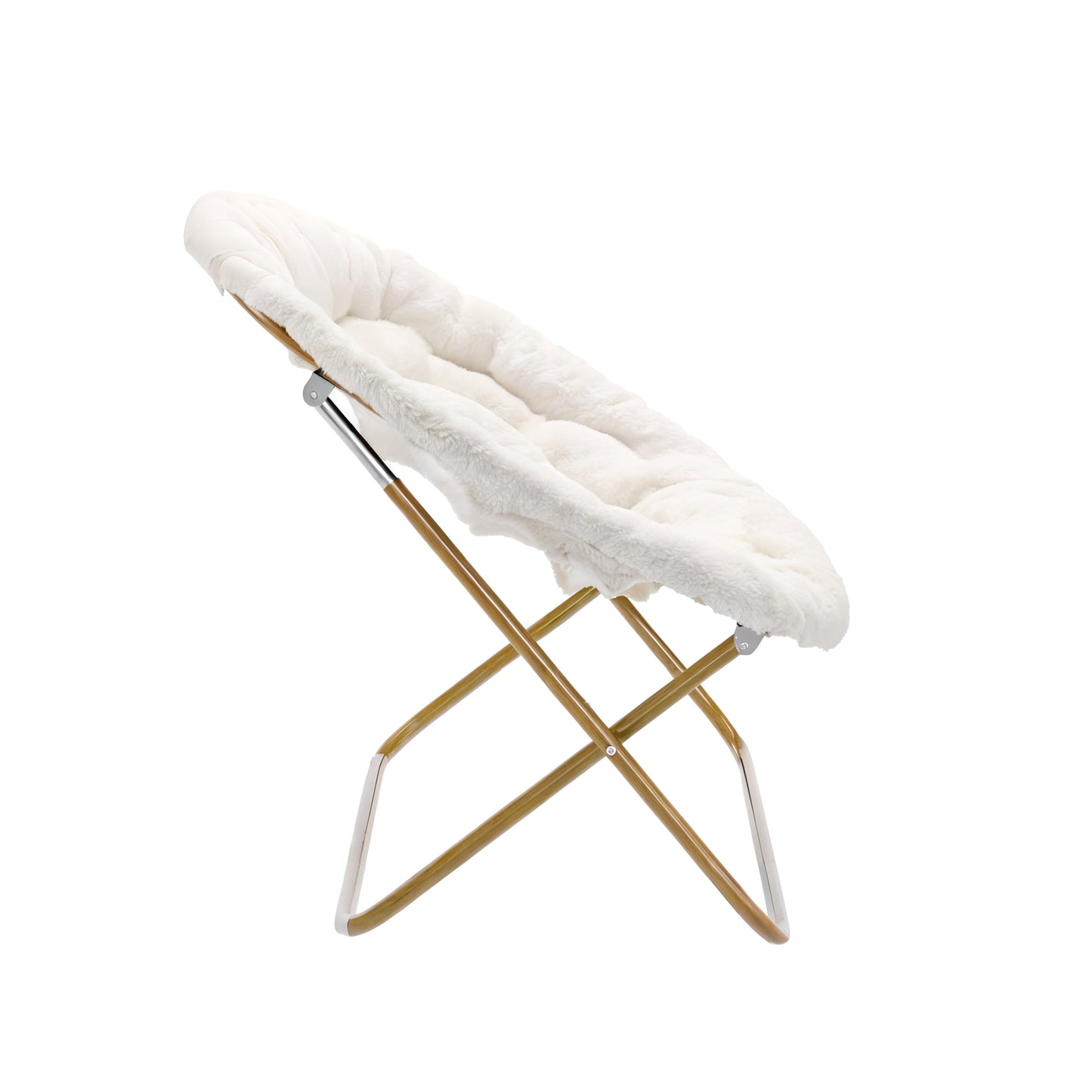 Eleanor 56" Portable Folding Double Saucer Chair in Ivory Faux Shearling with a Soft Gold Steel Frame for Dorm, Living Room, or Bedroom