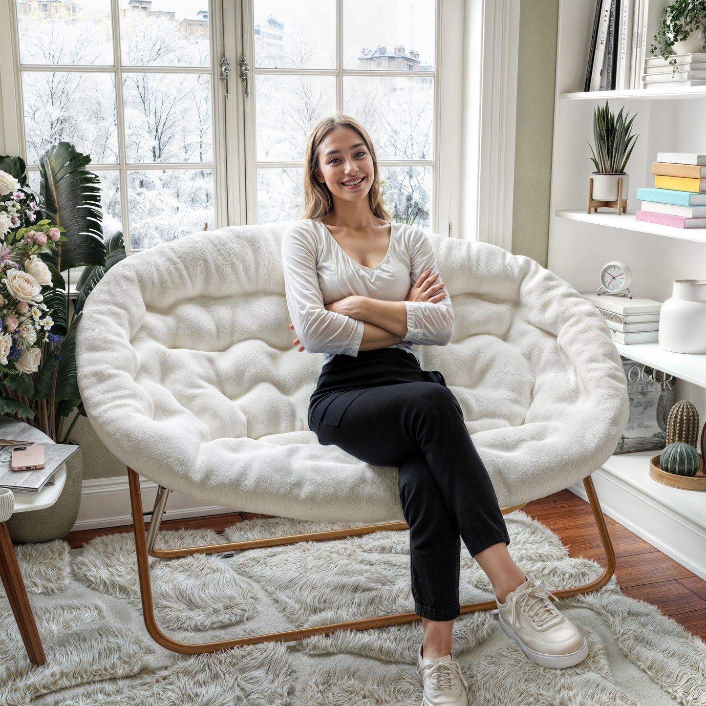 Eleanor 56" Portable Folding Double Saucer Chair in Ivory Faux Shearling with a Soft Gold Steel Frame for Dorm, Living Room, or Bedroom