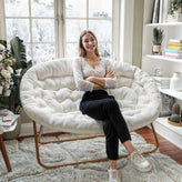 Eleanor 56" Portable Folding Double Saucer Chair in Ivory Faux Shearling with a Soft Gold Steel Frame for Dorm, Living Room, or Bedroom