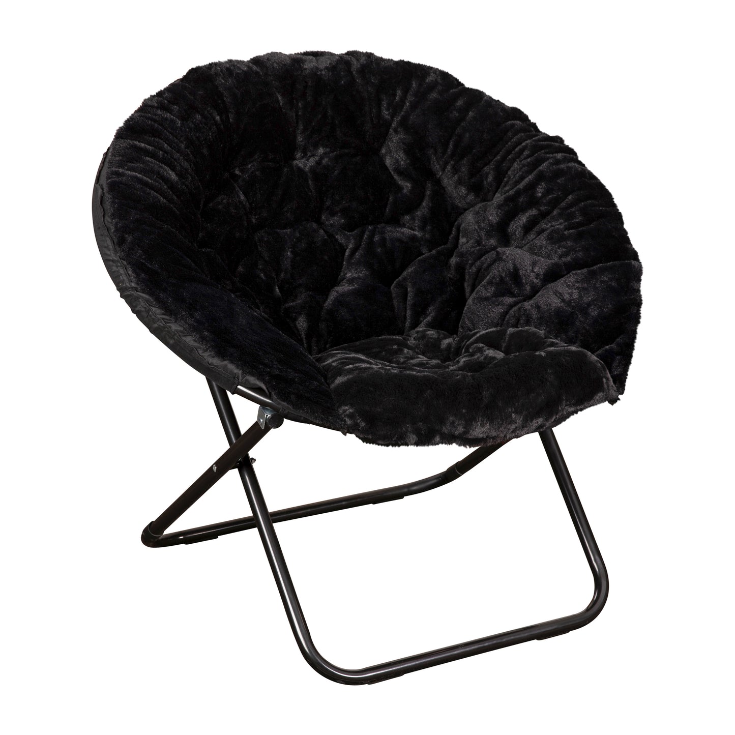 Gwen 38" Oversize Portable Faux Fur Folding Saucer Moon Chair for Dorm and Bedroom, Black Faux Fur/Black Frame