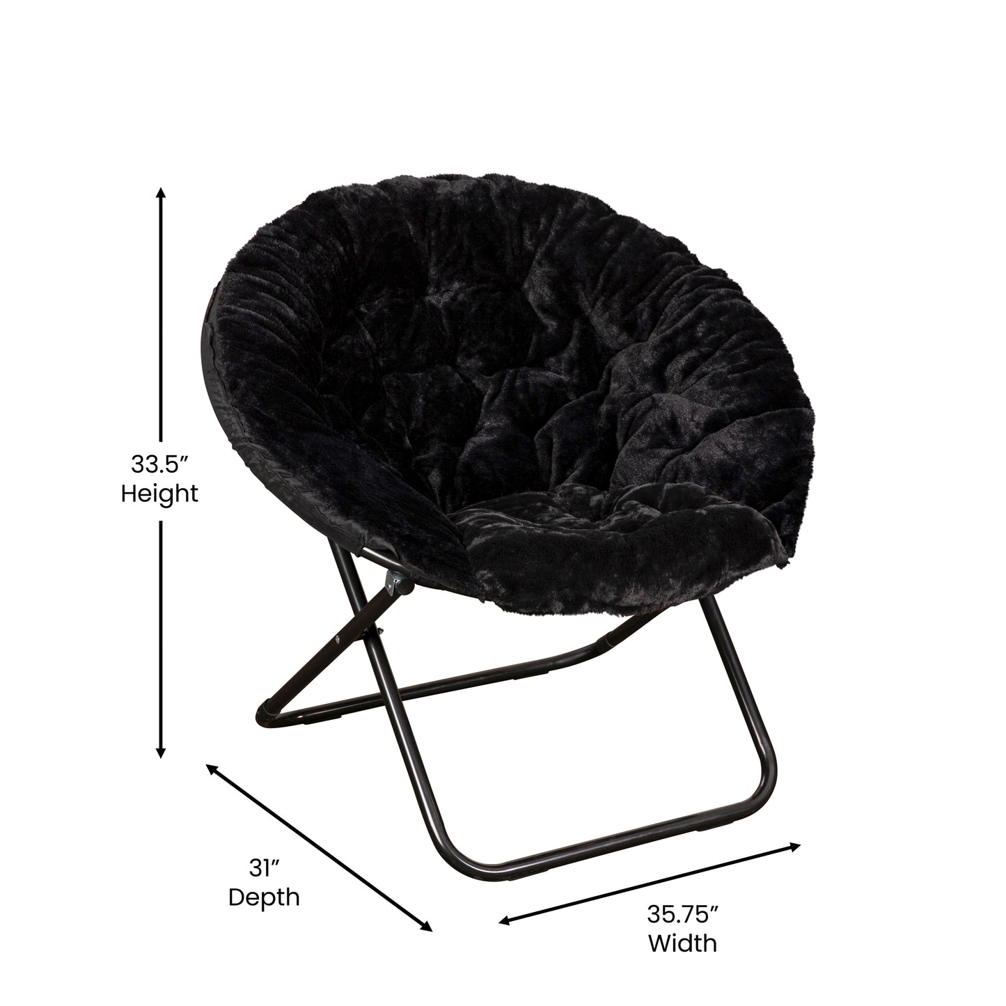 Gwen 38" Oversize Portable Faux Fur Folding Saucer Moon Chair for Dorm and Bedroom, Black Faux Fur/Black Frame