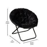 Gwen 38" Oversize Portable Faux Fur Folding Saucer Moon Chair for Dorm and Bedroom, Black Faux Fur/Black Frame