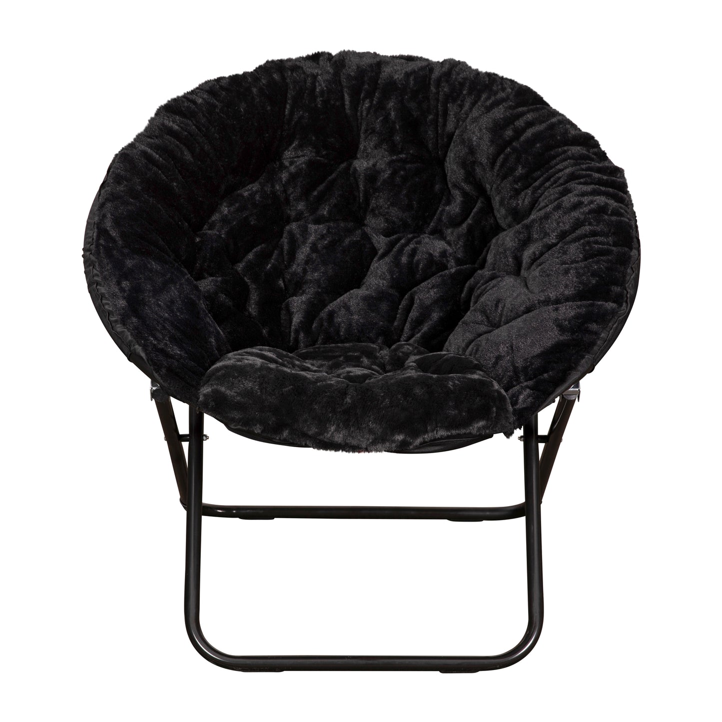 Gwen 38" Oversize Portable Faux Fur Folding Saucer Moon Chair for Dorm and Bedroom, Black Faux Fur/Black Frame