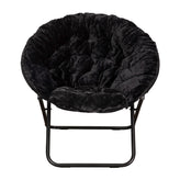 Gwen 38" Oversize Portable Faux Fur Folding Saucer Moon Chair for Dorm and Bedroom, Black Faux Fur/Black Frame