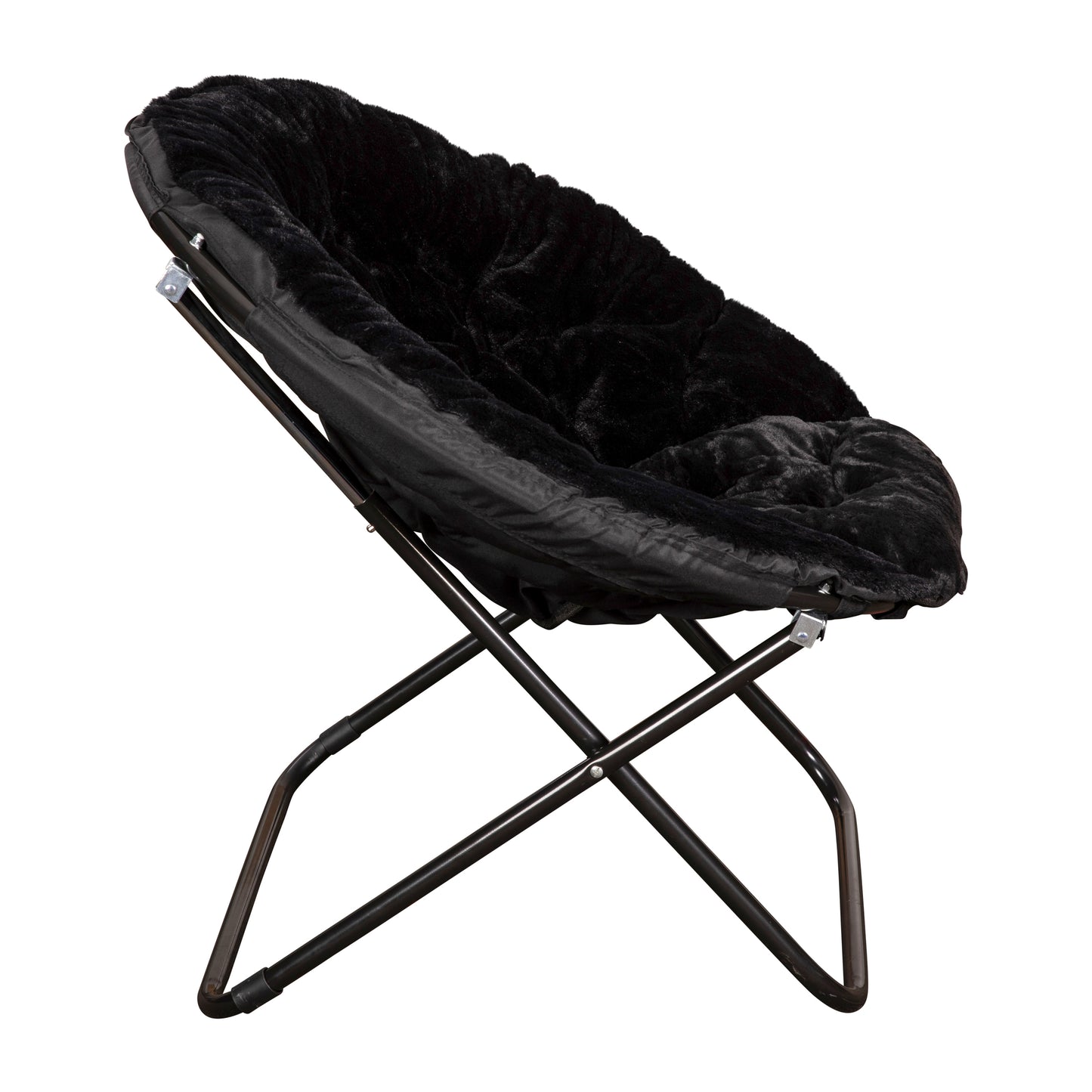 Gwen 38" Oversize Portable Faux Fur Folding Saucer Moon Chair for Dorm and Bedroom, Black Faux Fur/Black Frame
